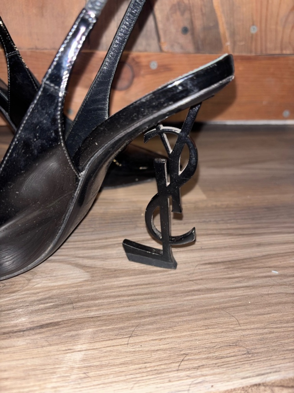 Saint Laurent Black Patent YSL Logo Heel Slingbacks 37.5 - Picture 3 of 10